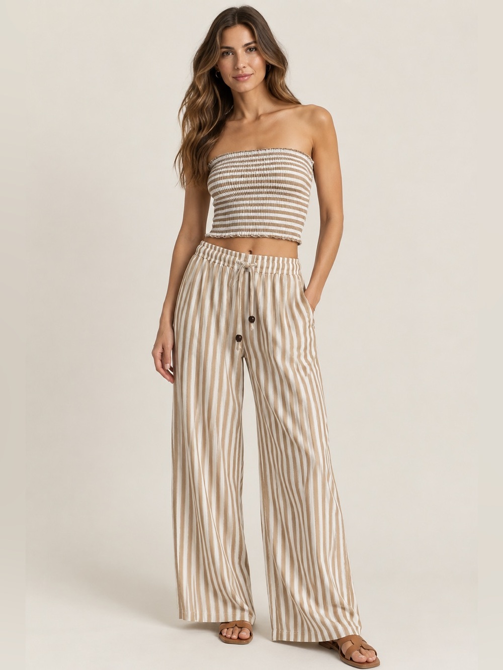Christian Lacroix Tan & White Striped Smocked Tube Top Wide Leg Pants Set Medium